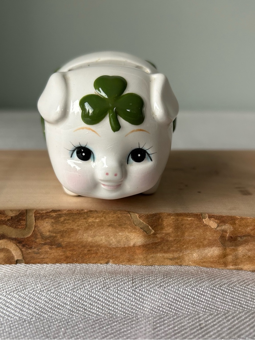 White Ceramic Pig Lefton mini Figurine with Green Shamrock Accent